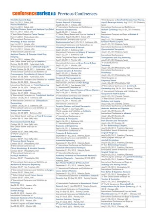 World Bio Summit & Expo
Nov 2-4, 2015 Dubai, UAE
Pharma Middle East
Nov 2-4, 2015 Dubai, UAE
6th
Global Diabetes Summit and Medicare Expo Dubai
Nov 2-4, 2015 Dubai, UAE
5th
Indo Global Summit on Cancer Therapy
Nov 2-4, 2015 Hyderabad, India
3rd
International Conference on
Hematology & Blood Disorders
Nov 2-4, 2015 Atlanta, USA
3rd
International Conference on Endocrinology
Nov 2-4, 2015 Atlanta, USA
4th
International Conference on
Medicinal Chemistry & Computer Aided Drug
Designing
Nov 2-4, 2015 Atlanta, USA
Indo Global Summit and Expo on Veterinary
October 26-28, 2015 Hyderabad, India
4th
International Summit on GMP, GCP & Quality
Control October 26-28, 2015 Hyderabad , India
3rd
International Conference and Exhibition on
Pharmacognosy, Phytochemistry & Natural Products
October 26-28, 2015 Hyderabad, India
4th
International Conference and Exhibition on Nutrition
October 26-28, 2015 Chicago, USA
International Conference on Protein Engineering
October 26-28, 2015 Chicago, USA
Global Summit on Herbals
October 26-27, 2015 Chicago, USA
4th
International Conference on Translational Medicine
October 26-28, 2015 Baltimore, USA
4th
International Conference on Orthopedics &
Rheumatology
October 26-28, 2015 Baltimore, USA
4th
International Conference and Exhibition on
Biologics and Biosimilars
October 26-28, 2015 Baltimore, USA
Indo Global Summit and Expo on Food & Bevarages
October 08-10 New Delhi, India
Pharmaceutical Summit & Expo
October 08-10 New Delhi, India
Indo Global Summit and Expo on
Healthcare
October 05-07 New Delhi, India
6th
World Congress on
Biotechnology
October 05-07 New Delhi, India
5th
American Dental Congress
October 05-07 Philadelphia, USA
4th
International Conference on
Clinical Microbiology & Microbial Genomics
October 05-07 Philadelphia, USA
4th
International Conference on
Nursing & Healthcare
October 05-07 Philadelphia, USA
3rd
International Conference and Exhibition on
Mechanical & Aerospace Engineering
October 05-07 San Francisco, USA
4th
International Conference and Exhibition on Surgery
October 05-07 Dubai, UAE
7th
Dubai Global Summit Cancer thearpy
October 05-07 Dubai, UAE
4th
International Conference and Exhibition on
Immunology
Sep28-30, 2015 Houston, USA
Internatioanl Conference on
Synthetic Biology
Sep28-30, 2015 Houston, USA
International Conference on
Adolescent Medicine & Child Psychology
Sep28-30, 2015 Houston, USA
5th
World Congress on Cancer Therapy
Sep28-30, 2015 Atlanta, USA
4th
International Conference on
Forensic Research & Technology
Sep28-30, 2015 Atlanta, USA
4th
International Conference and Exhibition on
Biosensors & Bioelectronics
Sep28-30, 2015 Atlanta, USA
5th
Dubai Global Summit and Expo on Vaccines &
Vaccination Sep28-30, 2015 Dubai, UAE
International Conference and Expo on
Biopharmaceutics Sep21-23, 2015 Baltimore, USA
International Conference and Business Expo on
Wireless Communication & Network
Sep21-23, 2015 Baltimore, USA
International Conference on Epilepsy & Treatment
Sep21-22, 2015 Baltimore, USA
World Congress and Expo on Medical Devices
Sep21-23, 2015 Florida, USA
International Conference on Green Energy & Expo
Sep21-23, 2015 Florida, USA
2nd
International Conference and Expo on
Computer Graphics & Animation
Sep21-22, 2015 Florida, USA
3rd
International Conference on
Genomics & Pharmacogenomics
Sep21-23, 2015 San Antonio, USA
International Conference on Plant Biology
Sep21-23, 2015 San Antonio, USA
2nd
International Conference on
Past and Present Research Systems of Green Chemistry
Sep14-16, 2015 Florida, USA
4th
International conference and Exhibition on
Materials Science and Engineering
Sep14-16, 2015 Florida, USA
International Conference on
Targeting Diabetes and Novel Therapeutics
Sep14-16, 2015 Las Vegas, USA
World congress and Exhibition on Antibiotics
Sep14-16, 2015 Las Vegas, USA
4th
International Conference on
Nephrology & Therapeutics
Sep14-16, 2015 Baltimore, USA
3rd
International Conference on
Bioprocess and Engineering
Sep14-16, 2015 Baltimore, USA
5th
International Conference on
Proteomics & Bioinformatics
September 01-03, 2015 Valencia, Spain   
International Conference and Exhibition on
Automobile Engineering
September 01-03, 2015 Valencia, Spain
6th
International Conference and Exhibition on
Analytical & Bioanalytical Techniques
September 01-03, 2015 Valencia, Spain
3rd
International Conference on
Predictive, Preventive and Personalized Medicine &
Molecular Diagnostics September 01-03, 2015
Valencia, Spain
Euro Women Healthcare & Fitness Summit
September 01-03, 2015 Valencia, Spain
3rd
International Conference and Exhibition on
Lasers, Optics & Photonics
September 01-03, 2015 Valencia, Spain
3rd
International Conference on Alzheimer’s Disease &
Dementia Aug 31–Sep 02, 2015 Toronto, Canada
6th
International Conference on Biomarkers & Clinical
Research Aug 31–Sep 02, 2015 Toronto, Canada
International Conference on Cytopathology
Aug 31–Sep 02, 2015 Toronto, Canada
International Conference on Palliative Care
Aug 31-Sep2, 2015 Florida, USA
American Veterinary Congress
Aug 31-Sep2, 2015 Florida, USA
9th
American Biotechnology Congress
Aug 31-Sep2, 2015 Florida, USA
World Congress on Beneficial Microbes: Food Pharma,
Aqua & Beverages Industry Aug 25-27, 2015Valencia,
Spain
International Conference and Exhibition on
Pediatric Cardiology Aug 25-27, 2015 Valencia,
Spain
International Congress and Expo on Biofuels &
Bioenergy
Aug 25-27, 2015 Valencia, Spain
European Pharma Congress
Aug 25-27, 2015Valencia, Spain
International Conference and Exhibition on
Gastrointestinal Therapeutics
Aug 25-27, 2015Valencia, Spain
International Conference on
Toxicogenomics and Drug Monitoring
Aug 25-27, 2015Valencia, Spain
4th
Global Summit on
Toxicology
Aug 24-26, 2015Philadelphia, USA
International Conference on
Parasitology
Aug 24-26, 2015Philadelphia, USA
World Congress on
Pregnancy Summit
Aug 24-26, 2015Philadelphia, USA
2nd
International Conference on Geriatrics &
Gerontology Aug 24-26, 2015 Toronto, Canada
4th
International Conference and Exhibition on
Occupational Health & Safety
Aug 24-25, 2015 Toronto, Canada
3rd
International Conference on
Radiology and Imaging
Aug 24-26, 2015 Toronto, Canada
International Conference and Exhibition on
Molecular Medicine and Dignostics
Aug 24-26, 2015London, UK
International Conference on Influenza
Aug 24-26, 2015London, UK
International Conference on
Brain Disorders and Therapeutics
Aug 24-26, 2015London, UK
8th
Euro Biotechnology Congress
Aug 18-20, 2015 Frankfurt, Germany
Euro Global Summit & Medicare Expo on
Surgical Weight loss
Aug 18-20, 2015 Frankfurt, Germany
World Congress and Expo on
Applied Microbiology
Aug 18-20, 2015 Frankfurt, Germany
8th
Euro Biotechnology Congress
Aug 18-20, 2015 Frankfurt, Germany
Euro Global Summit & Medicare Expo on
Surgical Weight loss
Aug 18-20, 2015 Frankfurt, Germany
World Congress and Expo on Applied Microbiology
Aug 18-20, 2015 Frankfurt, Germany
International Conference and Expo on
Audiology and Hearing Devices
Aug 17-18, 2015 Birmingham, UK
International Conference on
Food Safety & Regulatory Measures
Aug 17-19, 2015 Birmingham, UK
5th
Euro Global summit and Expo on
Vaccines & Vaccination
Aug 17-19, 2015 Birmingham, UK
6th
World Congress on Bioavailability &
Bioequivalence: BA/BE Studies Summit Aug 17-19,
2015 Chicago, USA
International Conferenceand Expo on Novel
Physiotherapies Aug 17-19, 2015 Chicago, USA
International Conference and Expo on Ceramics
Aug 17-18, 2015 Chicago, USA
Interenational Conference and Expo on
Parenterals & Injectables
Aug 17-19, 2015 Chicago, USA
Previous ConferencesconferenceseriesLLC
 