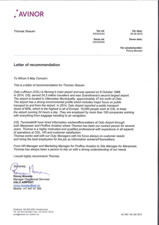 Letter of recommendation from Avinor - OSL Airport