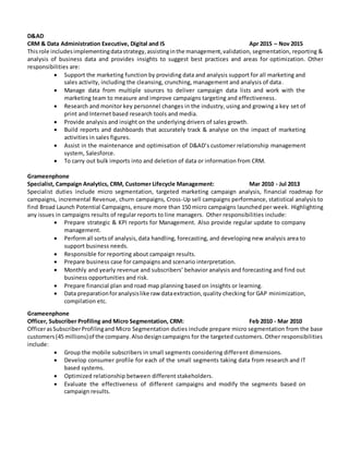 D&AD
CRM & Data Administration Executive, Digital and IS Apr 2015 – Nov 2015
Thisrole includesimplementingdatastrategy,assistinginthe management,validation, segmentation, reporting &
analysis of business data and provides insights to suggest best practices and areas for optimization. Other
responsibilities are:
 Support the marketing function by providing data and analysis support for all marketing and
sales activity, including the cleansing, crunching, management and analysis of data.
 Manage data from multiple sources to deliver campaign data lists and work with the
marketing team to measure and improve campaigns targeting and effectiveness.
 Research and monitor key personnel changes in the industry, using and growing a key set of
print and Internet based research tools and media.
 Provide analysis and insight on the underlying drivers of sales growth.
 Build reports and dashboards that accurately track & analyse on the impact of marketing
activities in sales figures.
 Assist in the maintenance and optimisation of D&AD’s customer relationship management
system, Salesforce.
 To carry out bulk imports into and deletion of data or information from CRM.
Grameenphone
Specialist, Campaign Analytics, CRM, Customer Lifecycle Management: Mar 2010 - Jul 2013
Specialist duties include micro segmentation, targeted marketing campaign analysis, financial roadmap for
campaigns, incremental Revenue, churn campaigns, Cross-Up sell campaigns performance, statistical analysis to
find Broad Launch Potential Campaigns, ensure more than 150 micro campaigns launched per week. Highlighting
any issues in campaigns results of regular reports to line managers. Other responsibilities include:
 Prepare strategic & KPI reports for Management. Also provide regular update to company
management.
 Performall sortsof analysis,data handling, forecasting, and developing new analysis area to
support business needs.
 Responsible for reporting about campaign results.
 Prepare business case for campaigns and scenario interpretation.
 Monthly and yearly revenue and subscribers’ behavior analysis and forecasting and find out
business opportunities and risk.
 Prepare financial plan and road map planning based on insights or learning.
 Data preparationforanalysislike raw dataextraction,quality checking for GAP minimization,
compilation etc.
Grameenphone
Officer, Subscriber Profiling and Micro Segmentation, CRM: Feb 2010 - Mar 2010
OfficerasSubscriberProfilingand Micro Segmentation duties include prepare micro segmentation from the base
customers(45 millions)of the company.Alsodesigncampaigns for the targeted customers. Other responsibilities
include:
 Group the mobile subscribers in small segments considering different dimensions.
 Develop consumer profile for each of the small segments taking data from research and IT
based systems.
 Optimized relationship between different stakeholders.
 Evaluate the effectiveness of different campaigns and modify the segments based on
campaign results.
 