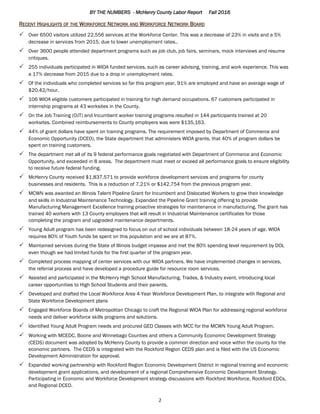 BY THE NUMBERS - McHenry County Labor Report Fall 2016
2
RECENT HIGHLIGHTS OF THE WORKFORCE NETWORK AND WORKFORCE NETWORK BOARD
 Over 6500 visitors utilized 22,556 services at the Workforce Center. This was a decrease of 23% in visits and a 5%
decrease in services from 2015, due to lower unemployment rates..
 Over 3600 people attended department programs such as job club, job fairs, seminars, mock interviews and resume
critiques.
 255 individuals participated in WIOA funded services, such as career advising, training, and work experience. This was
a 17% decrease from 2015 due to a drop in unemployment rates.
 Of the individuals who completed services so far this program year, 91% are employed and have an average wage of
$20.42/hour.
 106 WIOA eligible customers participated in training for high demand occupations. 67 customers participated in
internship programs at 43 worksites in the County.
 On the Job Training (OJT) and Incumbent worker training programs resulted in 144 participants trained at 20
worksites. Combined reimbursements to County employers was were $135,163.
 44% of grant dollars have spent on training programs. The requirement imposed by Department of Commerce and
Economic Opportunity (DCEO), the State department that administers WIOA grants, that 40% of program dollars be
spent on training customers.
 The department met all of its 9 federal performance goals negotiated with Department of Commerce and Economic
Opportunity, and exceeded in 8 areas. The department must meet or exceed all performance goals to ensure eligibility
to receive future federal funding.
 McHenry County received $1,837,571 to provide workforce development services and programs for county
businesses and residents. This is a reduction of 7.21% or $142,754 from the previous program year.
 MCWN was awarded an Illinois Talent Pipeline Grant for Incumbent and Dislocated Workers to grow their knowledge
and skills in Industrial Maintenance Technology. Expanded the Pipeline Grant training offering to provide
Manufacturing Management Excellence training proactive strategies for maintenance in manufacturing. The grant has
trained 40 workers with 13 County employers that will result in Industrial Maintenance certificates for those
completing the program and upgraded maintenance departments.
 Young Adult program has been redesigned to focus on out of school individuals between 18-24 years of age. WIOA
requires 80% of Youth funds be spent on this population and we are at 87%.
 Maintained services during the State of Illinois budget impasse and met the 80% spending level requirement by DOL
even though we had limited funds for the first quarter of the program year.
 Completed process mapping of center services with our WIOA partners. We have implemented changes in services,
the referral process and have developed a procedure guide for resource room services.
 Assisted and participated in the McHenry High School Manufacturing, Trades, & Industry event, introducing local
career opportunities to High School Students and their parents.
 Developed and drafted the Local Workforce Area 4-Year Workforce Development Plan, to integrate with Regional and
State Workforce Development plans
 Engaged Workforce Boards of Metropolitan Chicago to craft the Regional WIOA Plan for addressing regional workforce
needs and deliver workforce skills programs and solutions.
 Identified Young Adult Program needs and procured GED Classes with MCC for the MCWN Young Adult Program.
 Working with MCEDC, Boone and Winnebago Counties and others a Community Economic Development Strategy
(CEDS) document was adopted by McHenry County to provide a common direction and voice within the county for the
economic partners. The CEDS is integrated with the Rockford Region CEDS plan and is filed with the US Economic
Development Administration for approval.
 Expanded working partnership with Rockford Region Economic Development District in regional training and economic
development grant applications, and development of a regional Comprehensive Economic Development Strategy.
Participating in Economic and Workforce Development strategy discussions with Rockford Workforce, Rockford EDCs,
and Regional DCEO.
 