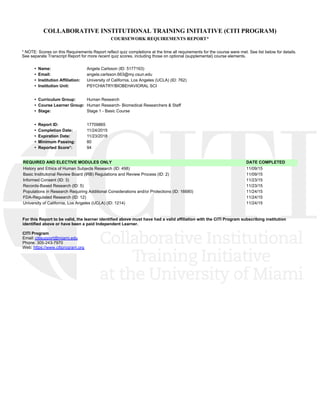 COLLABORATIVE INSTITUTIONAL TRAINING INITIATIVE (CITI PROGRAM)
COURSEWORK REQUIREMENTS REPORT*
* NOTE: Scores on this Requirements Report reflect quiz completions at the time all requirements for the course were met. See list below for details.
See separate Transcript Report for more recent quiz scores, including those on optional (supplemental) course elements.
•  Name: Angela Carlsson (ID: 5177163)
•  Email: angela.carlsson.663@my.csun.edu
•  Institution Affiliation: University of California, Los Angeles (UCLA) (ID: 762)
•  Institution Unit: PSYCHIATRY/BIOBEHAVIORAL SCI
•  Curriculum Group: Human Research
•  Course Learner Group: Human Research- Biomedical Researchers & Staff
•  Stage: Stage 1 - Basic Course
•  Report ID: 17709865
•  Completion Date: 11/24/2015
•  Expiration Date: 11/23/2018
•  Minimum Passing: 80
•  Reported Score*: 94
REQUIRED AND ELECTIVE MODULES ONLY DATE COMPLETED
History and Ethics of Human Subjects Research (ID: 498)  11/09/15
Basic Institutional Review Board (IRB) Regulations and Review Process (ID: 2)  11/09/15
Informed Consent (ID: 3)  11/23/15
Records-Based Research (ID: 5)  11/23/15
Populations in Research Requiring Additional Considerations and/or Protections (ID: 16680)  11/24/15
FDA-Regulated Research (ID: 12)  11/24/15
University of California, Los Angeles (UCLA) (ID: 1214)  11/24/15
For this Report to be valid, the learner identified above must have had a valid affiliation with the CITI Program subscribing institution
identified above or have been a paid Independent Learner. 
CITI Program
Email: citisupport@miami.edu
Phone: 305-243-7970
Web: https://www.citiprogram.org
 