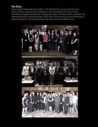 The Show
Wine & Spirits Wholesalers Association – The WSWA Show is an annual show that
attracts all the major alcohol wholesalers in the United States. The show is held
between Las Vegas and Orlando, rotating each year. This will be the 9th
year Brian has
attended the show. Booths are sold in 10ft x 10ft increments and in fact are the exact
size Brian started in. Pictured below are the clients from past WSWA shows.
 