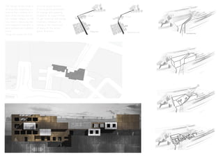 The design draws from a
strong site response in-
cluding the creation of a
new route linking the lo-
cal college campus to the
city centre replacing the
old congested one with a
more pedestrian friendly
route.
Using the route the Film
Archive would benefit
from its prime placement
to engage with passing
students to inspire them
to get involved and young
visionary filmakers to
follow in the footsteps
of many of the areas
great directors.
 