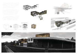 The concept diving the design came from
looking into the history of the area and
the change it has undergone in recent
years from relying on old industry to
technology and digital media.
The archive attempts to merge both
together with its copper clad industrial
aesthetic and digitised form wrapping
around the site creating an intriguing
environment attracting students.
The structure complements the form and
environmental deisgn techniques using
un-used shipping containers stacked to
achieve the otherwise complex form.
 