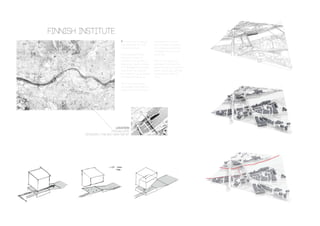 The task was to design
new premises for the
Finnish Institute
[The] mission [of the
Finnish Institute of
London] is to identify
emerging issues relevant
to contemporary society
and to act as catalyst
for positive social change
through partnerships.
The Finnish Institute,
encourages new and un-
expected collaborations
and supports artistic
interventions, research,
the creative industries,
foresight and social in-
novations.
Part of the space re-
quirements included an
exhibition space, function
room, auditorium, lecture
theatre and staff of-
fices.
 