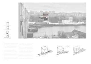 This project is based around
the hypothetical moving of
The Finnish Institute London
to Newcastle Upon Tyne.
The Finnish Institute is a
London-based private trust
whose mission is to identify
emerging issues relevant to
contemporary society and to
act as catalyst for positive
social change through part-
nerships
.
Located on the banks of the
river Tyne, the design for
the institute drew inspira-
tion from the clients focus
on interactions. The concept
of games and their powers
as social activators were
used to drive the design
process to form an exciting,
creative environment infus-
ing work and play and en-
couraging social interactions.
 