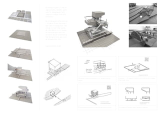An integral part of the de-
sign process, models were
used to experiment and
inspire a unique form and
structure.
By creating an effective kit
- of parts from the brief, I
was able to minipulate the
design in real time giving
me the ability to fit space
to function and site con-
straints whilst maintaining
the designs form and over-
all composition too.
Experimental model:
Skeletal frame structure to fit clients various
needs
Concept - To expand beyond the building and engage
the wider site
Prioritised circulation to encourage interactions A range of flexible multi-purpose spaces
 