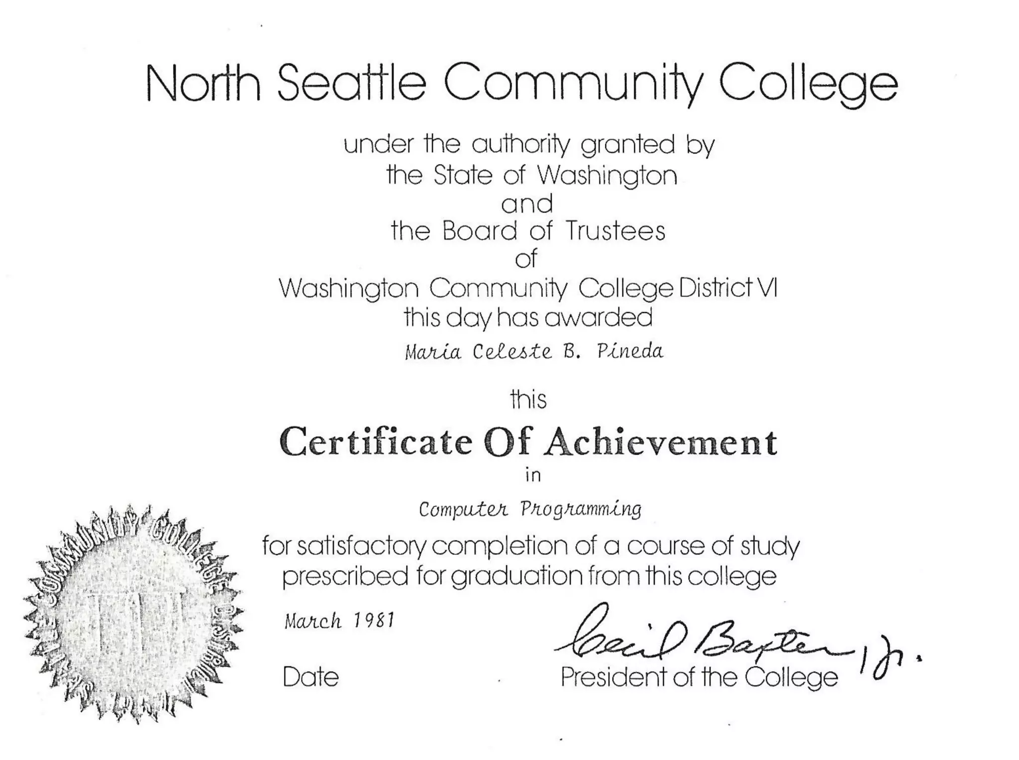 North Seattle Community College Certificate PDF