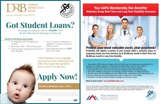DARIEN
ROWAYTON
BANK
student.drbank.com/AAPA
Got Student Loans?On average, our customers will save $20,000+* over
the life of their loan by refinancing to a lower rate
Benefits of Refinancing Include:
• No origination fees. No prepayment
penalties
• Rates from 3.84% - 7.20% (with autopay)
• Federal, private, undergrad and PA school
loans all eligible
• Up to 12 months of forbearance is
available in 3 month increments at
DRB's discretion
• Entire application process is FREE,
from start to finish
Apply Now!
student.drbank.com/AAPA
*Based on student loan refinancings closed by Darien Rowayton Bank from September 2013 to May 2016 where the borrowers'
previous rates were provided. Assumes borrowers' previous loans were the same term as their DRB loans and that borrowers will
pay their DRB loans according to schedule assuming the loans are paid through to maturity without prepayments.
AAPA Members receive a 0.125%
rate discount when refinancing with
DRB. Must apply through below
link to receive rate discount
Your AAPA Membership Has Benefits!
Voluntary Group Short Term and Long Term Disability Insurance
Protect your most valuable asset, your paycheck!
Protection will replace a portion of your income when a sickness, injury or
pregnancy keeps you from working; up to $4,000 per month in Short Term and
$8,000 per month in Long Term Benefits.
1. New eligible AAPA Fellows who apply within the first 60 days of membership are guaranteed to be
accepted. No medical questions or records required! AAPA Fellow members with a date of
membership longer than 60 days can still apply, but medical underwriting is required.
2. Discounted Premiums- 50% lower than individual disability policies with similar features.
3. Short Term disability coverage has no preexisting condition limitation (for eligible applicants).
4. Benefits can be used immediately upon your effective date - guaranteed acceptance applicants do
not have to satisfy any time period before filing a claim. Contact us for more details.
5. Benefits do not offset individual disability coverage you may have in place.
Want to learn more? www.MyPABenefits.com
If you are not covered by a group disability insurance plan, now is the time to consider enrolling in this valuable coverage. If you
already have 60% of your earnings covered by a group disability plan through your employer, and would like information on how to
increase that benefit to 75-80%, contact Ryan Insurance Strategy Consultants directly at 800-796-0909 ext. 107.
"Protecting Your Financial Plans Since 1978"
PHOTOCOURTESYOFCLEVELANDCLINICVIAHOURYGEBESHIAN
 
