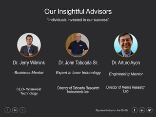 i9 presentation to Joe Smith14
Our Insightful Advisors
Dr. Jerry Wilmink
Business Mentor
CEO- Wisewear
Technology
Dr. John Taboada Sr.
Expert in laser technology
Director of Taboada Research
Instruments Inc.
Dr. Arturo Ayon
Engineering Mentor
Director of Mem’s Research
Lab
“Individuals invested in our success”
 