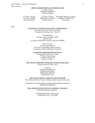 S T U D E N T A C H I E V E M E N T 6
2002 continued
MONTGOMERY PRESS & AUTHORS CLUB
1st
Place—Poetry
MARCUS JORDAN
“A Fierce Bright”
2nd
Place—Poetry 3rd
Place—Poetry Honorable Mention—Poetry
HAYLEY WEEKS MIRANDA DENNIS LINDSAY BURDETTE
“On Our Knees” “Psycho Ward” “Pretty Boy”
2001
NATIONAL LITERARY MAGAZINE COMPETITION
Columbia Scholastic Press Association
Columbia University, New York, NY
Gold Medalist
(974 pts. out of a possible 1000)
MOXIE 2001
co-editors: CELESTE CAVINS, HAYLEY WEEKS
Merit Awards
(4 out of a possible 4)
Given for outstanding achievement for
“Concept, Content, Design & Creativity”
ALABAMA SHAKESPEARE FESTIVAL
Young Southern Writers’ Project
2nd
Place—Playwriting
ASHLEY DUGGAN
“Electric Toilets”
2001 YOUNG WRITERS’ LITERARY AWARDS (statewide)
Alabama School of Fine Arts
Finalists
LINDSAY BURDETTE
CHANUKAH GRAY
BRITTANY JETTON
JASON MCCALL
2001 HIGH SCHOOL LITERARY ARTS AWARDS
The Alabama Writers’ Forum, Alabama State Council on the Arts
Certificate of Commendation for Outstanding Mastery in Poetry
LINDSAY BURDETTE
PTSA REFLECTIONS COUNTY LITERARY CONTEST
"It Would Be Really Strange If…"
CHANUKAH GRAY, 12th grade
JASON MCCALL, 10th
grade
 