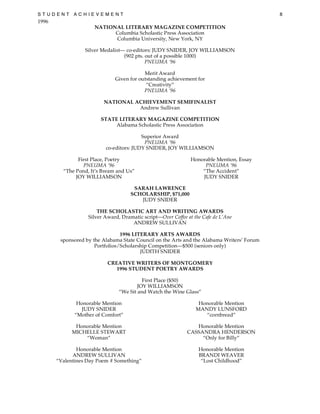 S T U D E N T A C H I E V E M E N T 8
1996
NATIONAL LITERARY MAGAZINE COMPETITION
Columbia Scholastic Press Association
Columbia University, New York, NY
Silver Medalist— co-editors: JUDY SNIDER, JOY WILLIAMSON
(902 pts. out of a possible 1000)
PNEUMA ’96
Merit Award
Given for outstanding achievement for
“Creativity”
PNEUMA ’96
NATIONAL ACHIEVEMENT SEMIFINALIST
Andrew Sullivan
STATE LITERARY MAGAZINE COMPETITION
Alabama Scholastic Press Association
Superior Award
PNEUMA ’96
co-editors: JUDY SNIDER, JOY WILLIAMSON
First Place, Poetry Honorable Mention, Essay
PNEUMA ’96 PNEUMA ’96
“The Pond, It’s Bream and Us” “The Accident”
JOY WILLIAMSON JUDY SNIDER
SARAH LAWRENCE
SCHOLARSHIP, $71,000
JUDY SNIDER
THE SCHOLASTIC ART AND WRITING AWARDS
Silver Award, Dramatic script—Over Coffee at the Cafe de L’Ane
ANDREW SULLIVAN
1996 LITERARY ARTS AWARDS
sponsored by the Alabama State Council on the Arts and the Alabama Writers’ Forum
Portfolios/Scholarship Competition—$500 (seniors only)
JUDITH SNIDER
CREATIVE WRITERS OF MONTGOMERY
1996 STUDENT POETRY AWARDS
First Place ($50)
JOY WILLIAMSON
“We Sit and Watch the Wine Glass”
Honorable Mention Honorable Mention
JUDY SNIDER MANDY LUNSFORD
“Mother of Comfort” “cornbread”
Honorable Mention Honorable Mention
MICHELLE STEWART CASSANDRA HENDERSON
“Woman” “Only for Billy”
Honorable Mention Honorable Mention
ANDREW SULLIVAN BRANDI WEAVER
“Valentines Day Poem # Something” “Lost Childhood”
 