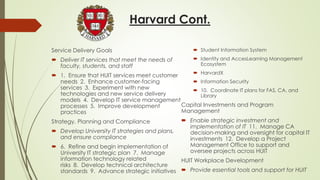 Harvard Cont.
Service Delivery Goals
 Deliver IT services that meet the needs of
faculty, students, and staff
 1. Ensure that HUIT services meet customer
needs 2. Enhance customer-facing
services 3. Experiment with new
technologies and new service delivery
models 4. Develop IT service management
processes 5. Improve development
practices
Strategy, Planning and Compliance
 Develop University IT strategies and plans,
and ensure compliance
 6. Refine and begin implementation of
University IT strategic plan 7. Manage
information technology related
risks 8. Develop technical architecture
standards 9. Advance strategic initiatives
 Student Information System
 Identity and AccesLearning Management
Ecosystem
 HarvardX
 Information Security
 10. Coordinate IT plans for FAS, CA, and
Library
Capital Investments and Program
Management
 Enable strategic investment and
implementation of IT 11. Manage CA
decision-making and oversight for capital IT
investments 12. Develop a Project
Management Office to support and
oversee projects across HUIT
HUIT Workplace Development
 Provide essential tools and support for HUIT
 