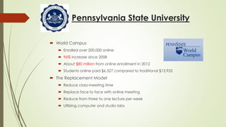 Pennsylvania State University
 World Campus
 Enrolled over 200,000 online
 96% increase since 2008
 About $80 million from online enrollment in 2012
 Students online paid $6,327 compared to traditional $13,932
 The Replacement Model
 Reduce class-meeting time
 Replace face to face with online meeting
 Reduce from three to one lecture per week
 Utilizing computer and studio labs
 
