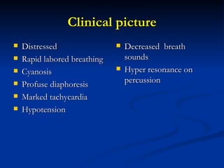 Clinical picture Distressed Rapid labored breathing Cyanosis Profuse diaphoresis Marked tachycardia Hypotension Decreased  breath sounds Hyper resonance on percussion 