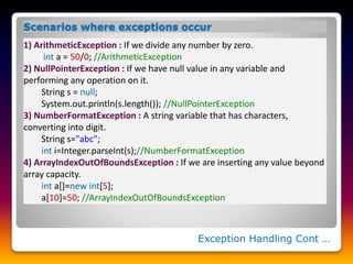 Exception Handling Cont …
Scenarios where exceptions occur
1) ArithmeticException : If we divide any number by zero.
int a = 50/0; //ArithmeticException
2) NullPointerException : If we have null value in any variable and
performing any operation on it.
String s = null;
System.out.println(s.length()); //NullPointerException
3) NumberFormatException : A string variable that has characters,
converting into digit.
String s="abc";
int i=Integer.parseInt(s);//NumberFormatException
4) ArrayIndexOutOfBoundsException : If we are inserting any value beyond
array capacity.
int a[]=new int[5];
a[10]=50; //ArrayIndexOutOfBoundsException
 