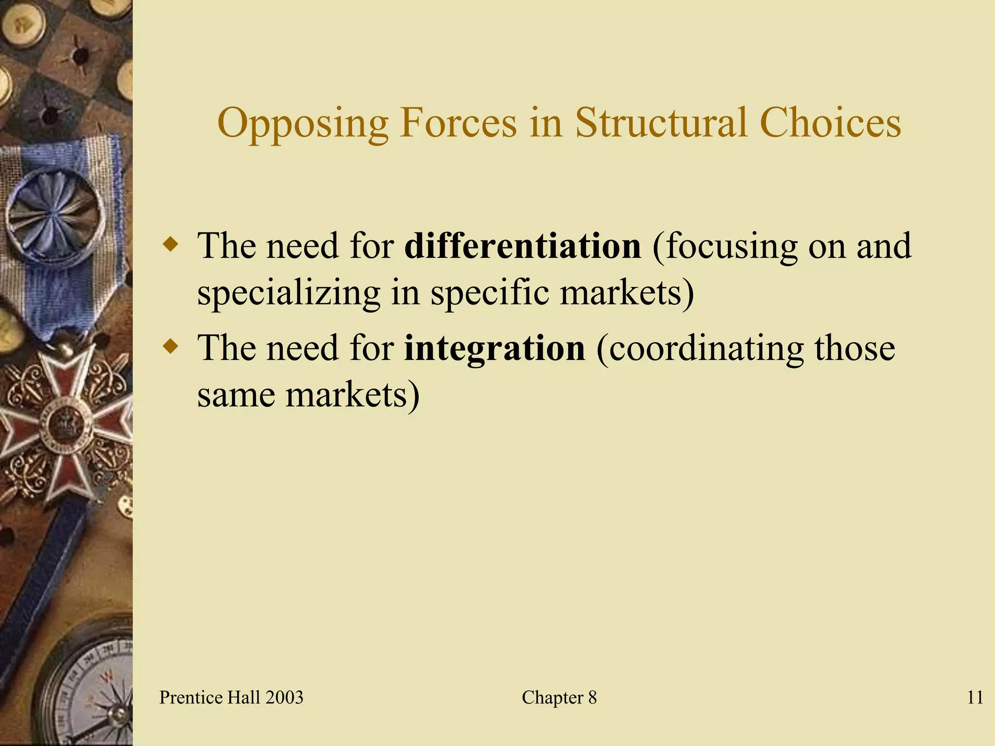 Opposing Forces in Structural Choices

 The need for differentiation (focusing on and
  specializing in specific markets)
 The need for integration (coordinating those
  same markets)




Prentice Hall 2003     Chapter 8                  11
 