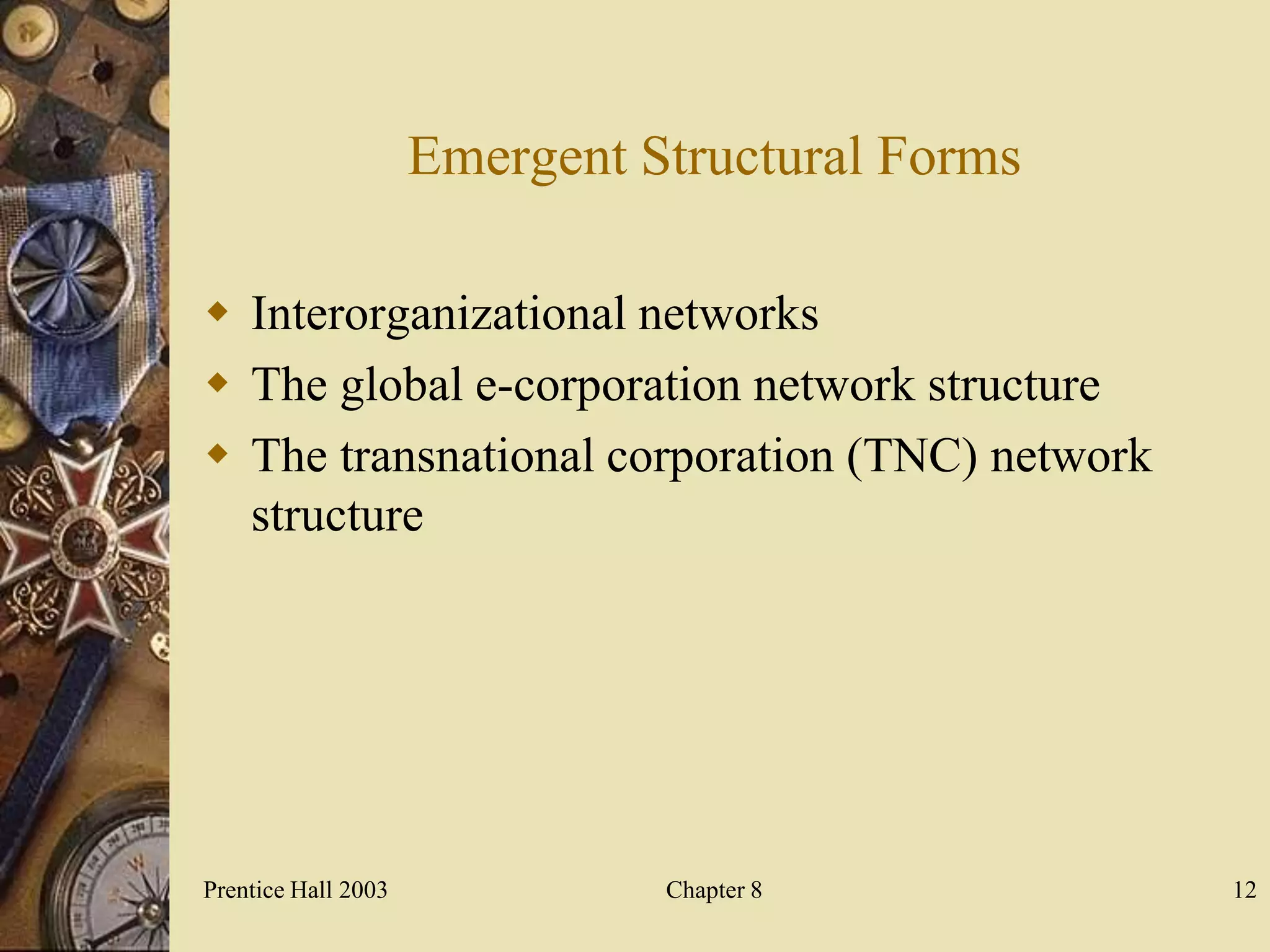 Emergent Structural Forms

 Interorganizational networks
 The global e-corporation network structure
 The transnational corporation (TNC) network
  structure




Prentice Hall 2003             Chapter 8         12
 