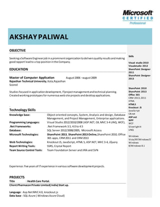 AKSHAYPALIWAL
OBJECTIVE
SeekingaSoftware Engineerjobina prominentorganizationtodeliversqualityresultsandmaking
goodrapport leadto a top positioninthe Company.
EDUCATION
Master of Computer Application August2006 –august2009
Rajasthan Technical University,Kota,Rajasthan
Scored
Studies focusedin applicationdevelopment, ITprojectmanagementand technical planning.
Createdworkingprototypesfor numerous website projects anddesktopapplications.
.
Technology Skills
Knowledge base: Object oriented concepts, System, Analysis and design, Database
Management, and Project Management, Enterprise applications.
Programming Languages: Visual Studio 2012/2010/2008 (ASP.NET, C#, MVC 3-4 LINQ, WCF),
.Net Frameworks: .Net Framework 3.5, 4.0 to 4.5
Database: SQL Server 2012/2008/2005, Microsoft Access
Microsoft Technologies: SharePoint 2013, SharePoint 2013 Online,SharePoint 2010, Office
365 apps, CRM2011 and CRM2013
Web Technologies: Knockout JS, JavaScript, HTML 5, ASP.NET, MVC 3-4, JQuery
Report Writing Tools: SSRS, Crystal Report
Team Source Control Tools: Team Foundation Server and JIRA and SVN
Experience:five yearsof ITexperience invarioussoftware developmentprojects.
PROJECTS
Title : HealthCare Portal.
Client:PharmaconPrivate Limited( India) Start up.
Language : Asp.NetMVC4.0, knockout.js
Data base : SQL Azure ( WindowsAzure Cloud)
Skills
Visual studio 2010
Visualstudio 2012
SharePoint Designer
2011
SharePoint Designer
2013
SharePoint 2010
SharePoint 2013
Office 365
CRM 2013,2011
HTML
HTML5
Knockout JS
JavaScript
C#.net
ASP.net
WPF
WCF
Silverlight4
LINQ
Windows
Vista/XP/Windows7/
Windows
8/Windows 8.1
 