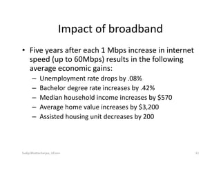 Impact of broadband
• Five years after each 1 Mbps increase in internet 
speed (up to 60Mbps) results in the following 
average economic gains:
– Unemployment rate drops by .08%
– Bachelor degree rate increases by .42%
– Median household income increases by $570
– Average home value increases by $3,200
– Assisted housing unit decreases by 200
Sudip Bhattacharjee, UConn 11
 