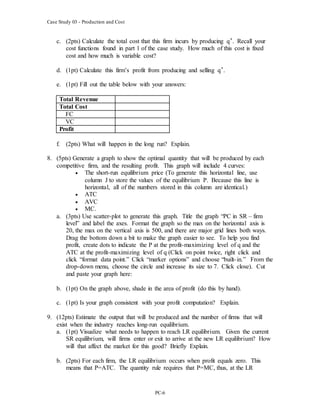 Case Study 03 - Production and Cost
PC-6
c. (2pts) Calculate the total cost that this firm incurs by producing q*. Recall your
cost functions found in part 1 of the case study. How much of this cost is fixed
cost and how much is variable cost?
d. (1pt) Calculate this firm’s profit from producing and selling q*.
e. (1pt) Fill out the table below with your answers:
Total Revenue
Total Cost
FC
VC
Profit
f. (2pts) What will happen in the long run? Explain.
8. (5pts) Generate a graph to show the optimal quantity that will be produced by each
competitive firm, and the resulting profit. This graph will include 4 curves:
 The short-run equilibrium price (To generate this horizontal line, use
column J to store the values of the equilibrium P. Because this line is
horizontal, all of the numbers stored in this column are identical.)
 ATC
 AVC
 MC.
a. (3pts) Use scatter-plot to generate this graph. Title the graph “PC in SR – firm
level” and label the axes. Format the graph so the max on the horizontal axis is
20, the max on the vertical axis is 500, and there are major grid lines both ways.
Drag the bottom down a bit to make the graph easier to see. To help you find
profit, create dots to indicate the P at the profit-maximizing level of q and the
ATC at the profit-maximizing level of q (Click on point twice, right click and
click “format data point.” Click “marker options” and choose “built-in.” From the
drop-down menu, choose the circle and increase its size to 7. Click close). Cut
and paste your graph here:
b. (1pt) On the graph above, shade in the area of profit (do this by hand).
c. (1pt) Is your graph consistent with your profit computation? Explain.
9. (12pts) Estimate the output that will be produced and the number of firms that will
exist when the industry reaches long-run equilibrium.
a. (1pt) Visualize what needs to happen to reach LR equilibrium. Given the current
SR equilibrium, will firms enter or exit to arrive at the new LR equilibrium? How
will that affect the market for this good? Briefly Explain.
b. (2pts) For each firm, the LR equilibrium occurs when profit equals zero. This
means that P=ATC. The quantity rule requires that P=MC, thus, at the LR
 