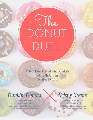 The
DONUT
DUEL
Dunkin' Donuts Krispy Kreme
A Social Media Marketing Analysis
Mary McPartlan
October 19, 2016
Winston-Salem, NC 27102
1-800-457-4779
KKGuest@krispykreme.com
https://www.krispykreme.com/
Canton, MA 02021
1-800-859-5339
customerservice@dunkinbrands.com
https://www.dunkindonuts.com/
 