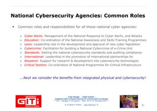 National Cybersecurity Agencies: Common RolesNational Cybersecurity Agencies: Common Roles
Common roles and responsibilities for all these national cyber agencies:
Cyber Alerts:Cyber Alerts: Management of the National Response to Cyber Alerts, and AttacksCyber Alerts:Cyber Alerts: Management of the National Response to Cyber Alerts, and Attacks
Education:Education: Co-ordination of the National Awareness and Skills Training Programmes
Laws:Laws: Leadership role in the development and approval of new cyber legislation
Cybercrime:Cybercrime: Facilitation for building a National Cybercrime of e-Crime Unit
Standards:Standards: Setting the national cybersecurity standards and auditing compliance
International:International: Leadership in the promotion of international partnerships for
Research:Research: Support for research & development into cybersecurity technologies
CriticalCritical Sectors:Sectors: Co-ordination of National Programmes for Critical Infrastructure
… 21stC Georgia :… 21stC Georgia : “Cyber“Cyber--VardziaVardzia”” ……
Integrated Cyber & Physical Security for e-Government & e-Georgia
*** GITi – “Georgian IT Innovations”– Tbilisi, 10th to 12th November 2010 ***
© Dr David E. Probert : www.VAZA.com © 21
....Next we..Next we consider the benefits from integrated physical and cybersecurity!consider the benefits from integrated physical and cybersecurity!
 