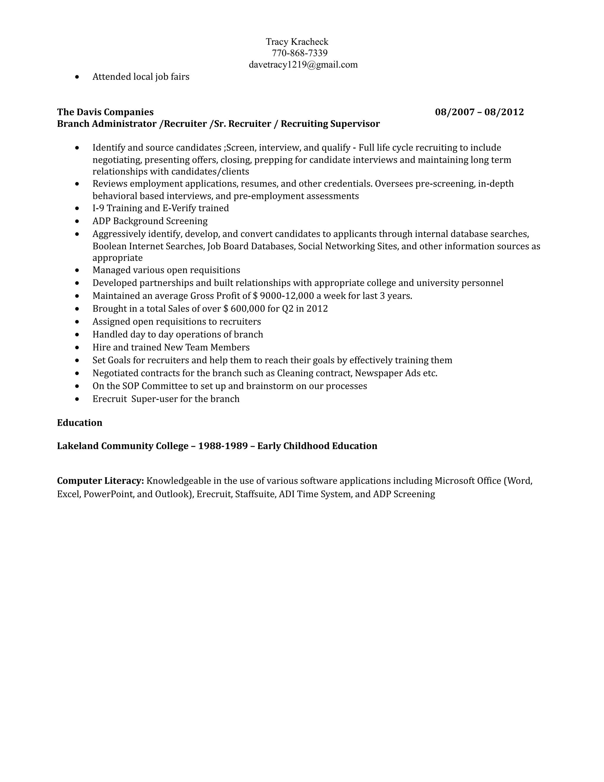 Tracy+Kracheck+updated-Recruiter+Resume 2016 | PDF