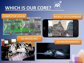 Some of its products include Apps for innovative marketing, new 3d augmented
experiences in tourism, marketing and museums apart of ARMol: a molecular
viewer in augmented reality for mobile devices or Arqlogy: a mobile augmented
reality experience for cultural heritage and archeological remains.
CreativiTIC has been present in several Augmented Reality Conferences and
Exhibitions with its products, including the VINOTech 2012 Wine & Technology
International conferences in SPAIN, Web Summit Dublin 2014 in IRELAND, the 2nd
European Augmented Reality Marketing Conference & Business Exchange in
IRELAND or Collision Conf Las Vegas 2015 in USA. It has also been selected among
12 European startups from France, Belgium, Italy, Austria and Switzerland for
2015 Laval Virtual European Investment Forum on Augmented and Virtual Reality.
 