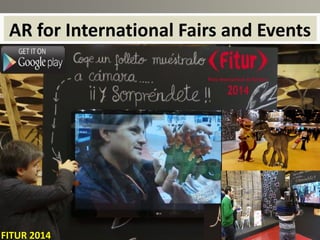 Allows users to create augmented reality educational projects without
any technician knowledge in a very easy and friendly way.
Users access the App and create their AR projects.1
USERS
Educators, Students,
Parents, Yourself, etc.
User - Password
PROJECTS
Puzzle-like pieces to link markers
and contents & create
interactions.
marker1
marker2- marker3
(they interact)
content1
(picture, video…)
Web platform
 