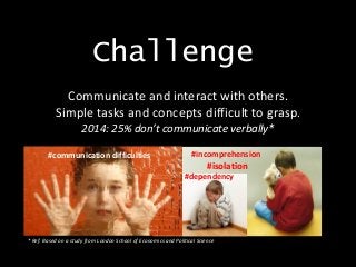 Challenge
Communicate and interact with others.
Simple tasks and concepts difficult to grasp.
2014: 25% don’t communicate verbally*
#communication difficulties
#dependency
#incomprehension
#isolation
* Ref: Based on a study from London School of Economics and Political Science
 