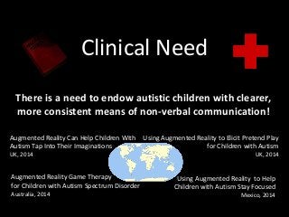 Clinical Need
There is a need to endow autistic children with clearer,
more consistent means of non-verbal communication!
Augmented Reality Can Help Children With
Autism Tap Into Their Imaginations
UK, 2014
Using Augmented Reality to Elicit Pretend Play
for Children with Autism
UK, 2014
Augmented Reality Game Therapy
for Children with Autism Spectrum Disorder
Australia, 2014
Using Augmented Reality to Help
Children with Autism Stay Focused
Mexico, 2014
 