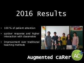 2016 Results
• 100 % of patient attention
• quicker response and higher
interaction with classmates
• Improvement over traditional
teaching methods
Augmented caRer
 