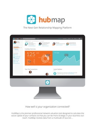 HubMap is the premier professional network valuation tool designed to calculate the
social capital of your contacts so that you can be more strategic in your business out-
reach. HubMap reviews data from a multitude of sources ...
The Next Gen Relationship Mapping Platform
How well is your organization connected?
hubmap
HubMap Overview
TODAY’S SCORE
hubmap
 