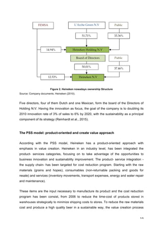 10	
Figure 2. Heineken nowadays ownership Structure
Source: Company documents. Heineken (2010).
Five directors, four of them Dutch and one Mexican, form the board of the Directors of
Holding N.V. Having the innovation as focus, the goal of the company is to doubling its
2010 innovation rate of 3% of sales to 6% by 2020, with the sustainability as a principal
component of its strategy (Reinhardt et al., 2015).
The PSS model: product-oriented and create value approach
According with the PSS model, Heineken has a product-oriented approach with
emphasis in value creation. Heineken in an industry level, has been integrated the
product- services categories, focusing on to take advantage of the opportunities to
business innovation and sustainability improvement. The product- service integration -
the supply chain- has been targeted for cost reduction program. Starting with the raw
materials (grains and hopes), consumables (non-returnable packing and goods for
resale) and services (inventory movements, transport expenses, energy and water repair
and maintenance).
These items are the input necessary to manufacture its product and the cost reduction
program has been consist, from 2006 to reduce the time-cost of products stored in
warehouses strategically to minimize shipping costs to stores. To reduce the raw materials
cost and produce a high quality beer in a sustainable way, the value creation process
 
