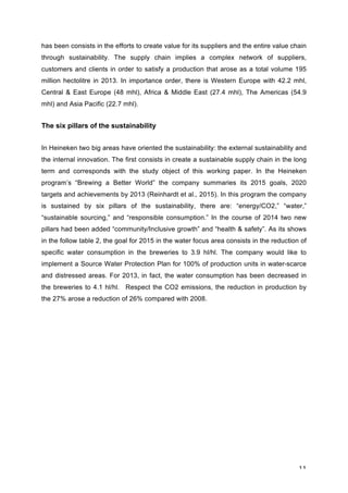 11	
has been consists in the efforts to create value for its suppliers and the entire value chain
through sustainability. The supply chain implies a complex network of suppliers,
customers and clients in order to satisfy a production that arose as a total volume 195
million hectolitre in 2013. In importance order, there is Western Europe with 42.2 mhl,
Central & East Europe (48 mhl), Africa & Middle East (27.4 mhl), The Americas (54.9
mhl) and Asia Pacific (22.7 mhl).
The six pillars of the sustainability
In Heineken two big areas have oriented the sustainability: the external sustainability and
the internal innovation. The first consists in create a sustainable supply chain in the long
term and corresponds with the study object of this working paper. In the Heineken
program’s “Brewing a Better World” the company summaries its 2015 goals, 2020
targets and achievements by 2013 (Reinhardt et al., 2015). In this program the company
is sustained by six pillars of the sustainability, there are: “energy/CO2,” “water,”
“sustainable sourcing,” and “responsible consumption.” In the course of 2014 two new
pillars had been added “community/Inclusive growth” and “health & safety”. As its shows
in the follow table 2, the goal for 2015 in the water focus area consists in the reduction of
specific water consumption in the breweries to 3.9 hl/hl. The company would like to
implement a Source Water Protection Plan for 100% of production units in water-scarce
and distressed areas. For 2013, in fact, the water consumption has been decreased in
the breweries to 4.1 hl/hl. Respect the CO2 emissions, the reduction in production by
the 27% arose a reduction of 26% compared with 2008.
 