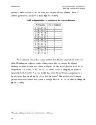 Dan Freeman Chessboard Puzzles: Independence 
MAT 9000 Graduate Math Seminar 
symmetric under rotations of 180° and hence gives rise to 4 different solutions. These 12 
different permutations are shown in Table 4 [1, pp. 166-167]. 
16 
Table 4: Permutations of Solutions to the 8-queens Problem 
Permutation No. of Solutions 
1 5 8 6 3 7 2 4 8 
1 6 8 3 7 4 2 5 8 
2 4 6 8 3 1 7 5 8 
2 5 7 1 3 8 6 4 8 
2 5 7 4 1 8 6 3 8 
2 6 1 7 4 8 3 5 8 
2 6 8 3 1 4 7 5 8 
2 7 3 6 8 5 1 4 8 
2 7 5 8 1 4 6 3 8 
3 5 8 4 1 7 2 6 8 
3 6 2 5 8 1 7 4 8 
3 5 2 8 1 7 4 6 4 
As an additional note on the 8-queens problem, H.E. Dudeney observed that all but one 
of the 12 fundamental solutions consists of three queens lying on a straight line (though 
obviously not along the same row, column or diagonal, for then the set of queens would not be 
independent). For instance, in the 1 5 8 6 3 7 2 4 solution shown in Image 12, the queens on 
squares (2, 5), (4, 6) and (6, 7) lie on a straight line, where the coordinates (x, y) correspond to 
the xth column from the left and the yth row from the bottom5. One solution to the 8-queens 
problem that does not exhibit three queens in a straight line is 4 2 8 5 7 1 3 6, shown in Image 13 
[1, pp. 167-168]. 
5Throughout this paper, this (x, y) coordinate notation will be used. 
 