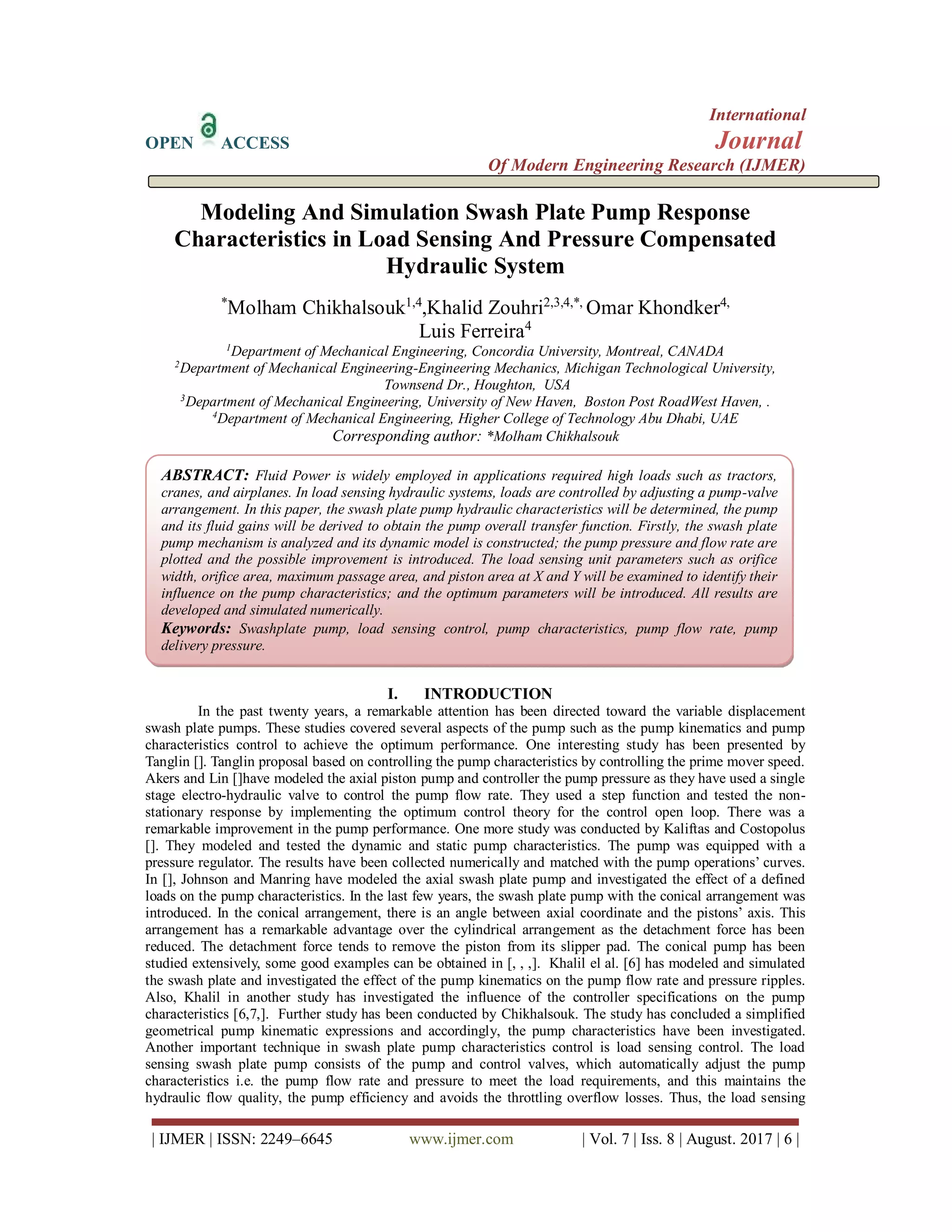 Modeling And Simulation Swash Plate Pump Response Characteristics in ...