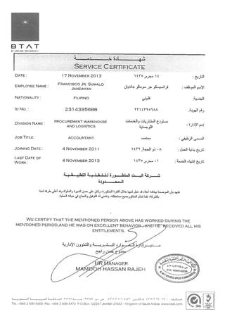 BTAT Service Certificate