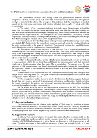 The 1st International Conference on Language, Literature, and Cultural Studies
10
S3:No respondents disputed that having native-like pronunciation entailed positive
recognition. It thus becomes clear that native-like pronunciation was believed to have greater
prestige or superiority to others. The average of 3.93, indicates that the respondents somewhat
agreed on the increasing acceptance and positive attitudes from people by using native-like
pronunciation.
S4: The majority of the respondents had neutral attitudes about this statement. It should be
noted that, even though the native variety was judged more favorably than the other varieties for
their aspiration, the respondents did not perceive negatively about having teachers who were native
speakers of other English varieties. The average score for this statement is 3.38, implying that the
respondents were neutral about their English teachers being native speakers of English even though
their desirable endpoint was a so-called native-like pronunciation.
S5: This statement drew the highest rate of disagreement and thus the average score is the
lowest of all, 2.29.On the whole, the respondents perceived negatively about the practice of teaching
the native speaker model at the university level only. This means, if possible, they would like to see
native-like pronunciation be taught at other educational levels.
S6: The average score for this statement is 4.14, indicating that, in general, the respondents
somewhat agreed that native-like pronunciation was an asset. This rating on S6 substantiates their
rating in S1, displaying their strong aspiration for native-like pronunciation. The ratings to these
two statements suggest that the respondents aspired for native-like pronunciation especially when
job and social life was concerned.
S7: Most of the respondents had neutral attitudes about this statement, and very few of them
(6 respondents or 1.55%) did not think they could handle the communication with their potential
employers in English varieties other than native-like pronunciation. The average score for this
statement is 3.61, suggesting that even though the respondents aspired for native-like pronunciation,
the respondents tended to have somewhat positive attitudes in working with those speaking other
varieties of English.
S8:The number of the respondents who felt comfortablecommunicating with colleagues and
foreign friends speaking other ASEAN English substantially outnumbered those who did not. The
average score for this statement is 3.63.
S9: The average score for this statement is 3.31. On the whole, this finding suggests that even
though they were more or less ready to communicate with people speaking other English varieties,
the cohort respondents did not feel overwhelmingly committed to adopt other ASEAN Englishes
pronunciation as a benchmark for communication.
On the whole, with the use of the questionnaire administered to 387 Thai university
students, the current study has provided a lot of insights related to English pronunciation, including
learners’ previous training, learners’ views of their own pronunciation, learners’ awareness of their
goals and skills, and learners’ awareness of their motivation to speak English and of their aspiration
to achieve native-like pronunciation. Finally, the study also sheds light onto the learners’ positive
attitudes towards other ASEAN English varieties.
4. Pedagogical implications
The findings contribute to a better understanding of Thai university students’ attitudes
associated with the native speaker norms and other ASEAN English varieties. The study also reveals
which varieties are perceived more favorably or less favorably. Although the current study adopted
a learner perspective, their results are practically relevant for both teachers and learners.
4.1. Suggestions for learners
As shown, Thai learners’ attempt to emulate the model of native speakers might not be
enough to meet local needs and global needs. Learners need to be more accommodating to
variations of ASEAN English because it is likely that no one language or code is appropriate in all
cases. Therefore, they need to have sufficient awareness of other varieties of English. It is also
50
 