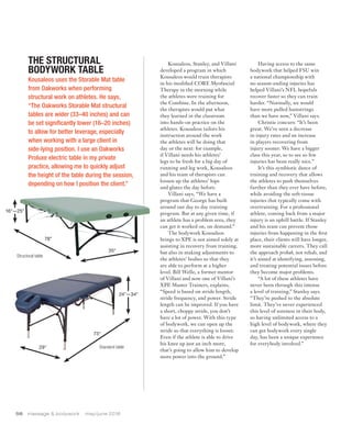 Having access to the same
bodywork that helped FSU win
a national championship with
no season-ending injuries has
helped Villani’s NFL hopefuls
recover faster so they can train
harder. “Normally, we would
have more pulled hamstrings
than we have now,” Villani says.
Christie concurs: “It’s been
great. We’ve seen a decrease
in injury rates and an increase
in players recovering from
injury sooner. We have a bigger
class this year, so to see so few
injuries has been really nice.”
It’s this symbiotic dance of
training and recovery that allows
the athletes to push themselves
further than they ever have before,
while avoiding the soft-tissue
injuries that typically come with
overtraining. For a professional
athlete, coming back from a major
injury is an uphill battle. If Stanley
and his team can prevent those
injuries from happening in the first
place, their clients will have longer,
more sustainable careers. They call
the approach prehab, not rehab, and
it’s aimed at identifying, assessing,
and treating potential issues before
they become major problems.
“A lot of these athletes have
never been through this intense
a level of training,” Stanley says.
“They’re pushed to the absolute
limit. They’ve never experienced
this level of soreness in their body,
so having unlimited access to a
high level of bodywork, where they
can get bodywork every single
day, has been a unique experience
for everybody involved.”
56 massage & bodywork may/june 2016
THE STRUCTURAL
BODYWORK TABLE
Kousaleos uses the Storable Mat table
from Oakworks when performing
structural work on athletes. He says,
“The Oakworks Storable Mat structural
tables are wider (33–40 inches) and can
be set significantly lower (16–20 inches)
to allow for better leverage, especially
when working with a large client in
side-lying position. I use an Oakworks
Proluxe electric table in my private
practice, allowing me to quickly adjust
the height of the table during the session,
depending on how I position the client.”
Kousaleos, Stanley, and Villani
developed a program in which
Kousaleos would train therapists
in his modified CORE Myofascial
Therapy in the morning while
the athletes were training for
the Combine. In the afternoon,
the therapists would put what
they learned in the classroom
into hands-on practice on the
athletes. Kousaleos tailors his
instruction around the work
the athletes will be doing that
day or the next: for example,
if Villani needs his athletes’
legs to be fresh for a big day of
running and leg work, Kousaleos
and his team of therapists can
loosen up the athletes’ hips
and glutes the day before.
Villani says, “We have a
program that George has built
around our day to day training
program. But at any given time, if
an athlete has a problem area, they
can get it worked on, on demand.”
The bodywork Kousaleos
brings to XPE is not aimed solely at
assisting in recovery from training,
but also in making adjustments to
the athletes’ bodies so that they
are able to perform at a higher
level. Bill Welle, a former mentor
of Villani and now one of Villani’s
XPE Master Trainers, explains,
“Speed is based on stride length,
stride frequency, and power. Stride
length can be improved. If you have
a short, choppy stride, you don’t
have a lot of power. With this type
of bodywork, we can open up the
stride so that everything is looser.
Even if the athlete is able to drive
his knee up just an inch more,
that’s going to allow him to develop
more power into the ground.”
73"
29"
24"—34"
78"
35"
16"—25"
Standard table
Structural table
 