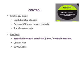 CONTROL
• Key Steps / Goals:
• Institutionalize changes
• Develop SOP’s and process controls
• Transfer ownership
• Key Tools:
• Statistical Process Control (SPC): Run / Control Charts etc.
• Control Plan
• SOP’s/Audits
 