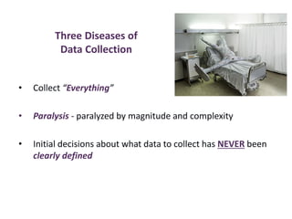 Three Diseases of
Data Collection
• Collect “Everything”
• Paralysis - paralyzed by magnitude and complexity
• Initial decisions about what data to collect has NEVER been
clearly defined
 