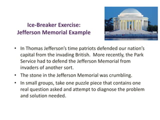Ice-Breaker Exercise:
Jefferson Memorial Example
• In Thomas Jefferson’s time patriots defended our nation’s
capital from the invading British. More recently, the Park
Service had to defend the Jefferson Memorial from
invaders of another sort.
• The stone in the Jefferson Memorial was crumbling.
• In small groups, take one puzzle piece that contains one
real question asked and attempt to diagnose the problem
and solution needed.
 