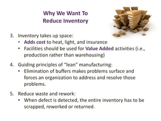 Why We Want To
Reduce Inventory
3. Inventory takes up space:
• Adds cost to heat, light, and insurance
• Facilities should be used for Value Added activities (i.e.,
production rather than warehousing)
4. Guiding principles of “lean” manufacturing:
• Elimination of buffers makes problems surface and
forces an organization to address and resolve those
problems.
5. Reduce waste and rework:
• When defect is detected, the entire inventory has to be
scrapped, reworked or returned.
 