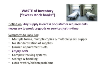WASTE of Inventory
(“excess stock banks”)
Definition: Any supply in excess of customer requirements
necessary to produce goods or services just-in-time
Symptoms to Look For:
• Multiple forms, multiple copies & multiple years’ supply
• No standardization of supplies
• Unused appointment slots
• Empty beds
• Complex tracking systems
• Storage & handling
• Extra rework/hidden problems
 