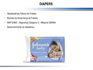 DIAPERS
• Obsolescência Fábrica de Fraldas;
• Reunião de Governança de Fraldas;
• MAP EH&S – Segurança Categoria 3 – Máquina GEMINI;
• Desenvolvimento de estagiários.
 