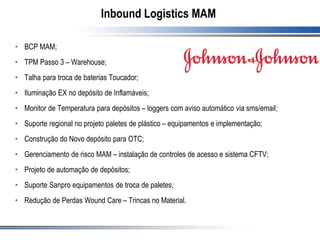 Inbound Logistics MAM
• BCP MAM;
• TPM Passo 3 – Warehouse;
• Talha para troca de baterias Toucador;
• Iluminação EX no depósito de Inflamáveis;
• Monitor de Temperatura para depósitos – loggers com aviso automático via sms/email;
• Suporte regional no projeto paletes de plástico – equipamentos e implementação;
• Construção do Novo depósito para OTC;
• Gerenciamento de risco MAM – instalação de controles de acesso e sistema CFTV;
• Projeto de automação de depósitos;
• Suporte Sanpro equipamentos de troca de paletes;
• Redução de Perdas Wound Care – Trincas no Material.
 