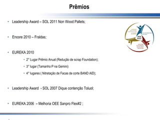 Prêmios
• Leadership Award – SOL 2011 Non Wood Pallets;
• Encore 2010 – Fraldas;
• EUREKA 2010
• 2° Lugar Prêmio Anual (Redução de scrap Foundation);
• 3° lugar (Tamanho P na Gemini)
• 4° lugares ( Nitretação de Facas de corte BAND AID);
• Leadership Award - SOL 2007 Dique contenção Toluol;
• EUREKA 2006 – Melhoria OEE Sanpro Flex#2 ;
.
 