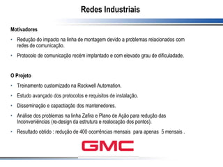 Redes Industriais
Motivadores
• Redução do impacto na linha de montagem devido a problemas relacionados com
redes de comunicação.
• Protocolo de comunicação recém implantado e com elevado grau de dificuladade.
O Projeto
• Treinamento customizado na Rockwell Automation.
• Estudo avançado dos protocolos e requisitos de instalação.
• Disseminação e capactiação dos mantenedores.
• Análise dos problemas na linha Zafira e Plano de Ação para redução das
Inconveniências (re-design da estrutura e realocação dos pontos).
• Resultado obtido : redução de 400 ocorrências mensais para apenas 5 mensais .
 